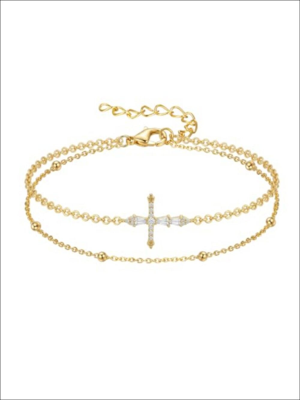 14K Gold Plated Double Layered Cross Charm Bracelet Cubic Zirconia Religious